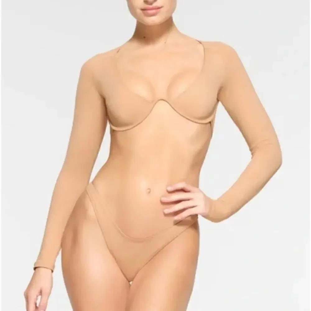 SKIMS Recycled Swim Top Long Sleeve Bikini Off Shoulder Ochre Tan NWT Size Small